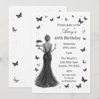 Elegant black & white dress butterflies 40th Invitation