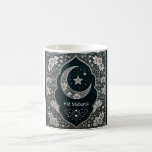 Elegant Black & White Eid Mubarak Floral Crescent Coffee Mug