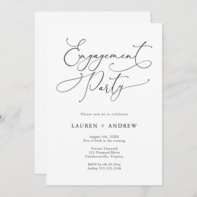 Elegant Black & White Engagement Party Invitation (Front/Back)