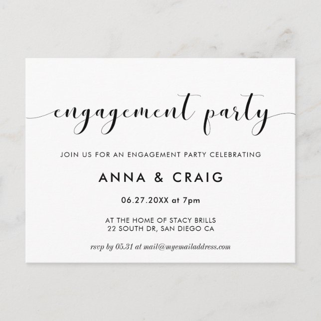 Elegant black & white engagement party invitation postcard (Front)
