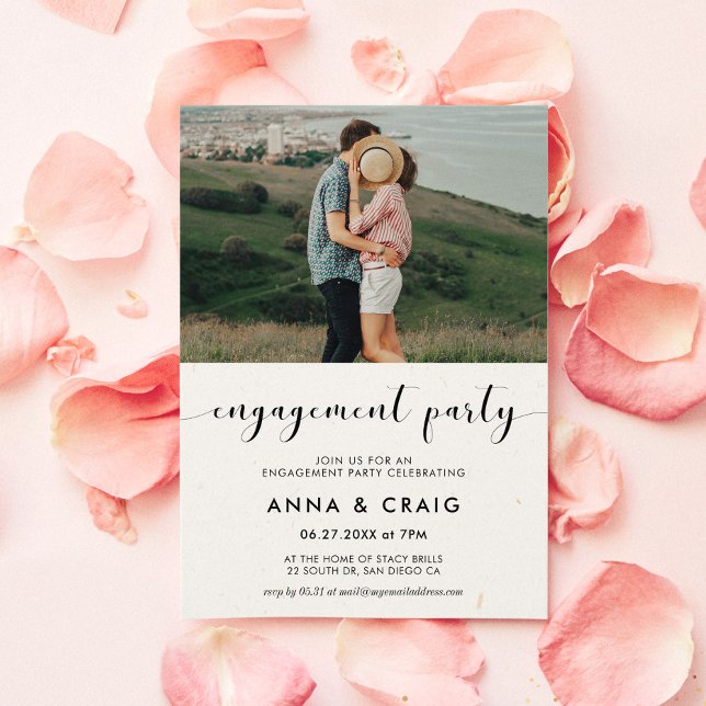 Elegant black & white engagement party photo invitation (Creator Uploaded)