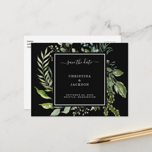 Elegant Black & White Eucalyptus Save the Date QR  Announcement Postcard (Front/Back In Situ)