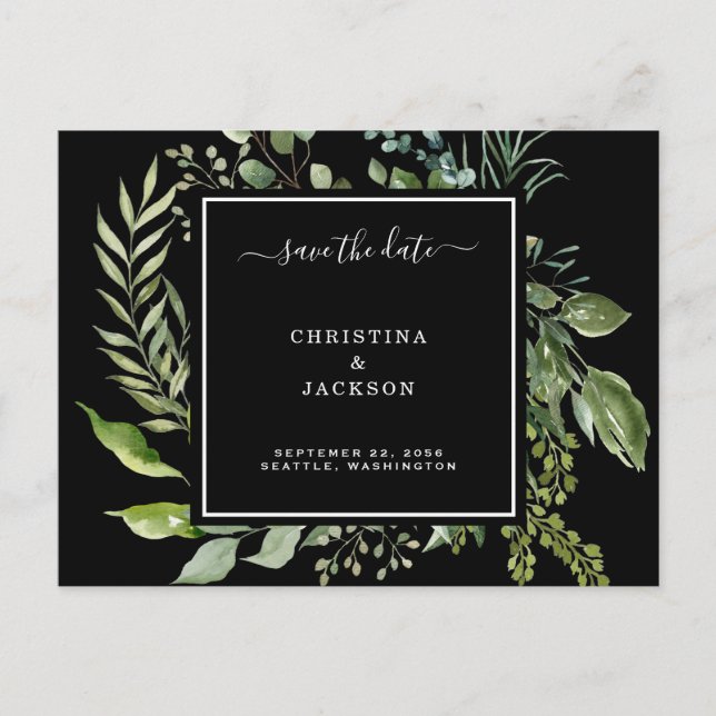 Elegant Black & White Eucalyptus Save the Date QR  Postcard (Front)