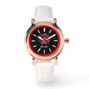 Elegant black white face, red floral heart motif watch