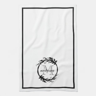 Elegant Black & White Family Monogram Botanical Tea Towel