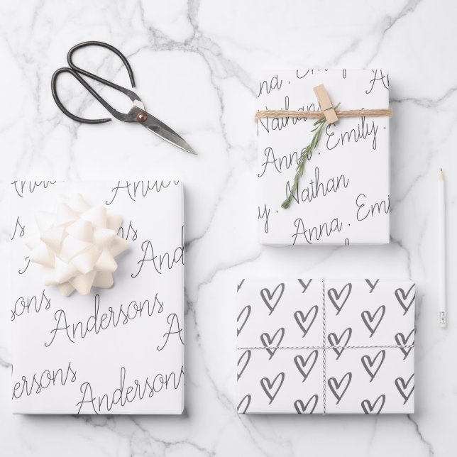 Elegant Black White Family Name Heart Christmas Wr Wrapping Paper Sheet (Front)