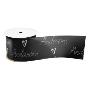 Elegant Black White Family Name Heart Pattern  Satin Ribbon