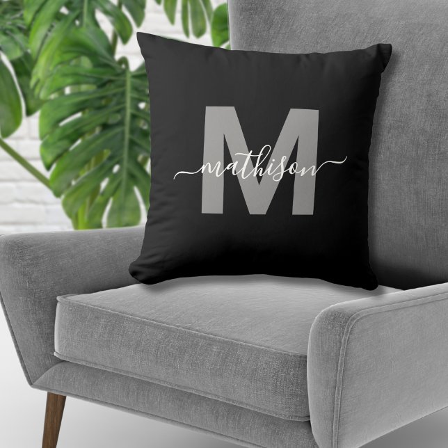 Elegant Black White Family Name Monogram Cushion (Elegant Black White Family Name Monogram Throw Pillow)