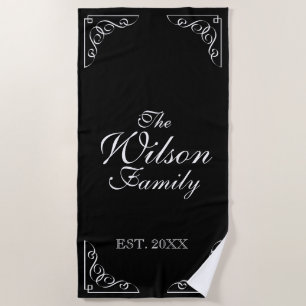 Elegant black & white family name year established beach towel