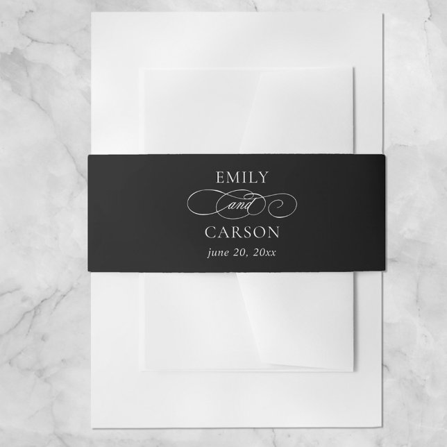 Elegant Black & White Fancy Calligraphy Wedding  Invitation Belly Band (Creator Uploaded)