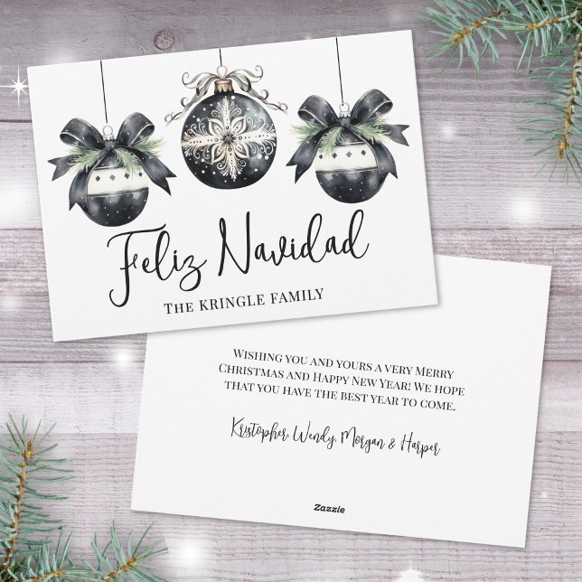 Elegant Black White Feliz Navidad Christmas Holiday Card (Elegant Black White Feliz Navidad Christmas Holiday Card)