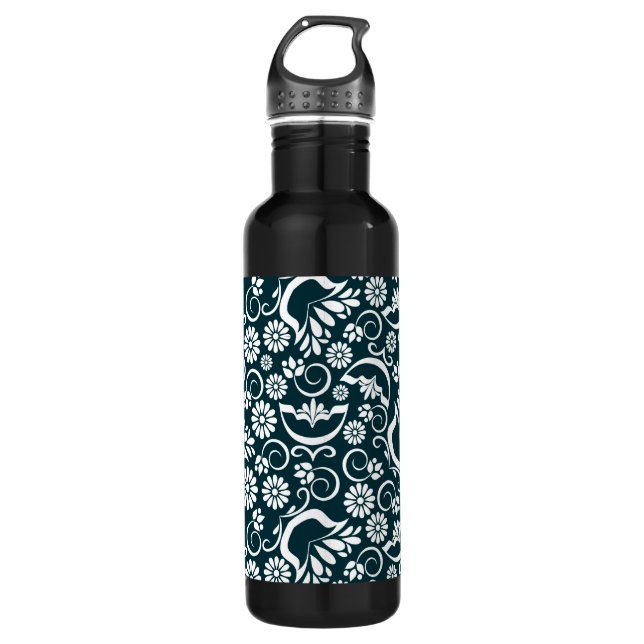 Elegant black white floral 710 ml water bottle (Front)
