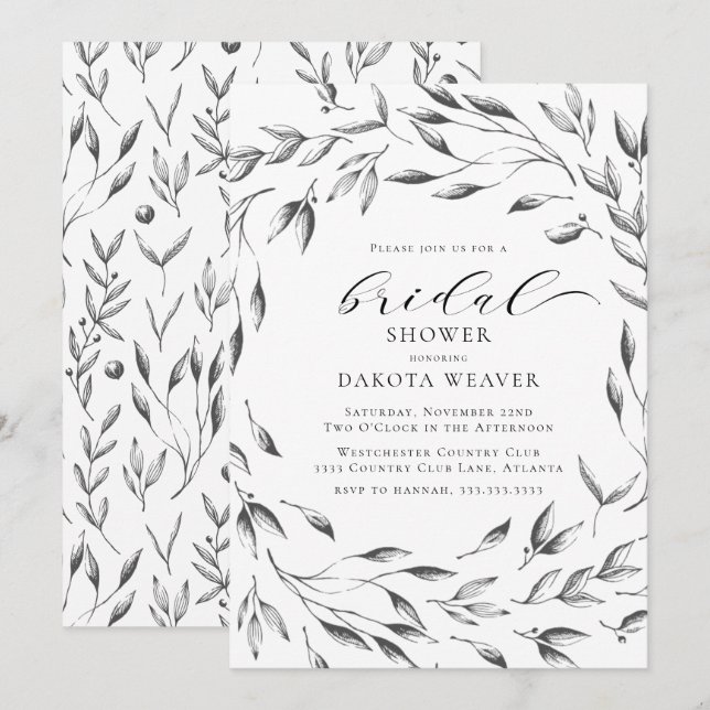 Elegant Black White Floral Botanical Bridal Shower Invitation (Front/Back)