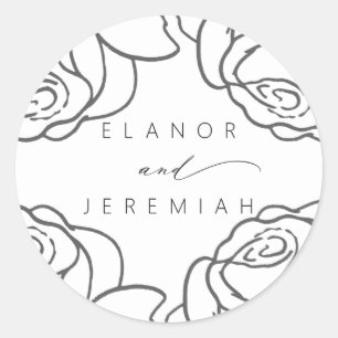 Elegant Black White Floral Calligraphy Wedding Classic Round Sticker