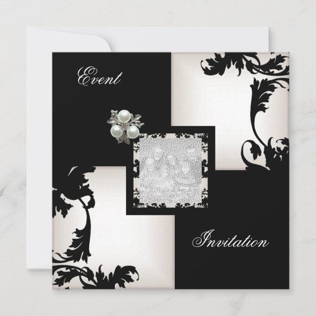 Elegant Black White Floral Check Pearl Jewel Invitation (Front)