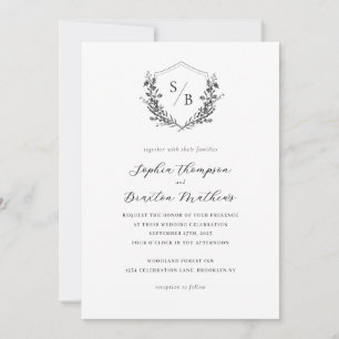 Elegant Black White Floral Crest Monogram Wedding Invitation