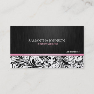 Elegant Black & White Floral Damask w/ pink Business Card