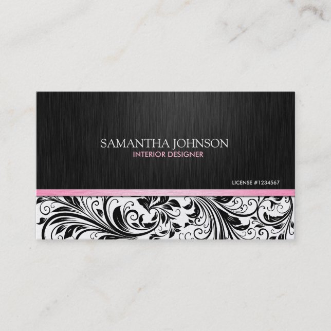 Elegant  Black & White Floral Damask w/ pink Business Card (Front)