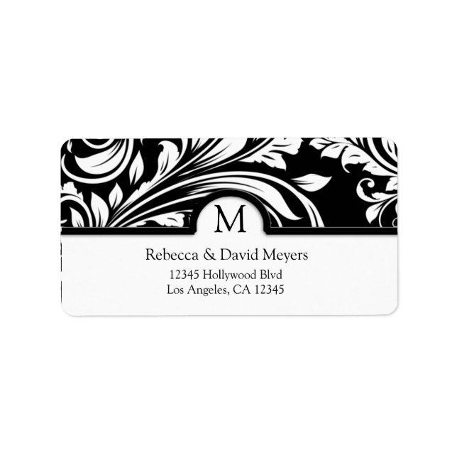 Elegant Black & White Floral Damask with Monogram Label (Front)