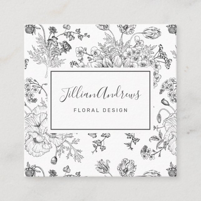 Elegant Black White Floral Design Professional Square Business Card (Front)