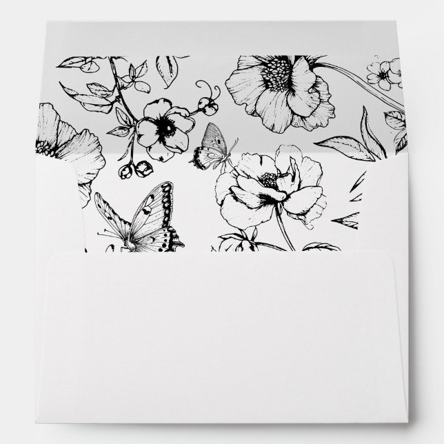 Elegant Black White Floral Garden Wedding Address Envelope (Back (Bottom))