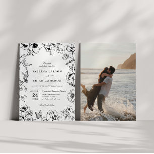 Elegant Black   White Floral Garden Wedding Photo Invitation
