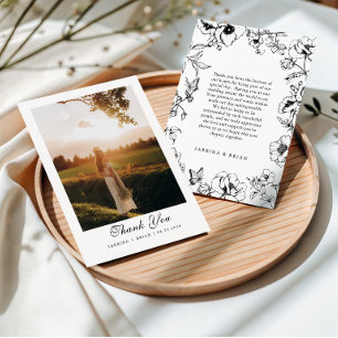 Elegant Black White Floral Garden Wedding Photo Thank You Card
