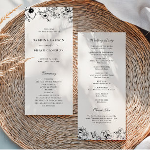 Elegant Black White Floral Garden Wedding Program Programme