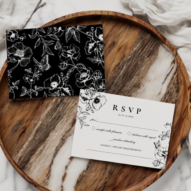 Elegant Black | White Floral Garden Wedding RSVP Enclosure Card (Creator Uploaded)