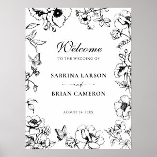 Elegant Black White Floral Garden Wedding Welcome Poster