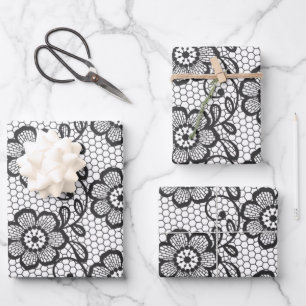 Elegant Black & White Floral Lace Pattern Wrapping Paper Sheet