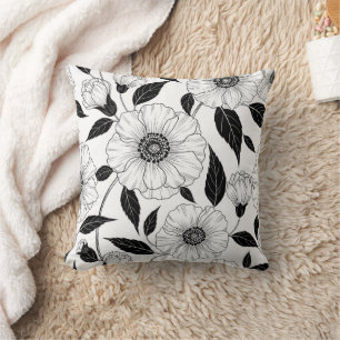 Elegant Black White Floral Line Art Pattern (1) Cushion