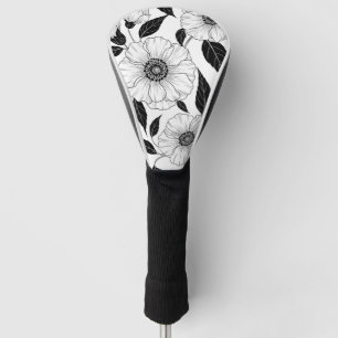 Elegant Black White Floral Line Art Pattern (1) Golf Head Cover