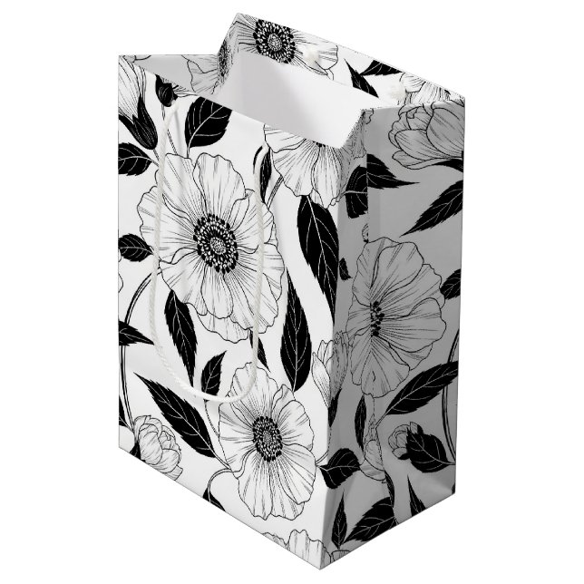 Elegant Black White Floral Line Art Pattern (1) Medium Gift Bag (Front Angled)