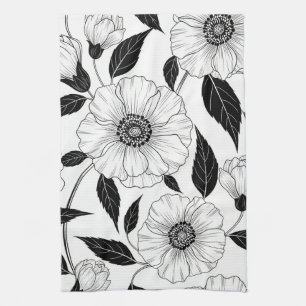 Elegant Black White Floral Line Art Pattern (1) Tea Towel