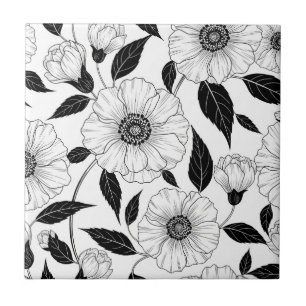 Elegant Black White Floral Line Art Pattern (1) Tile