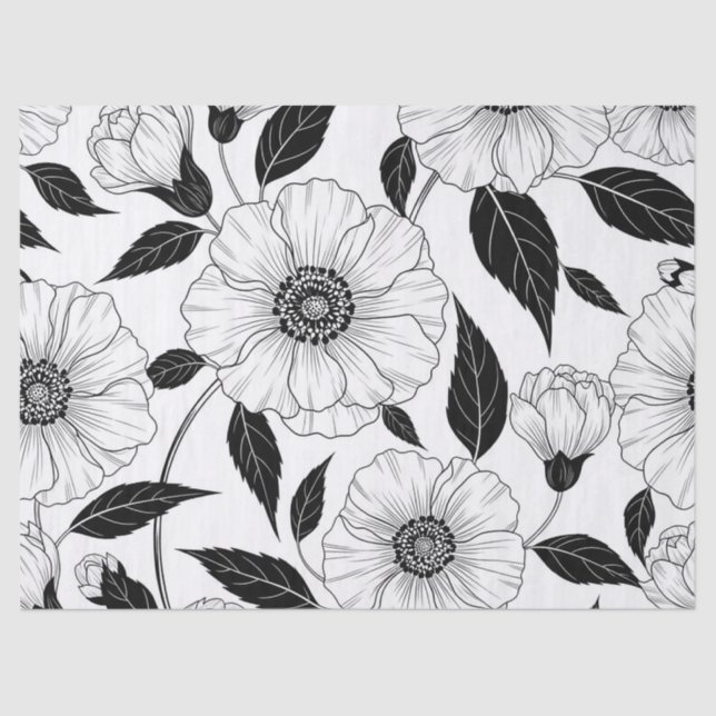 Elegant Black White Floral Line Art Pattern (1) Tissue Paper (Front)