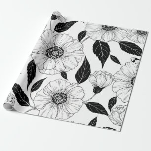 Elegant Black White Floral Line Art Pattern (1) Wrapping Paper