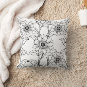Elegant Black White Floral Line Art Pattern (2) Cushion
