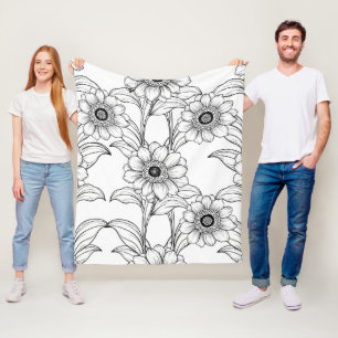 Elegant Black White Floral Line Art Pattern (2) Fleece Blanket