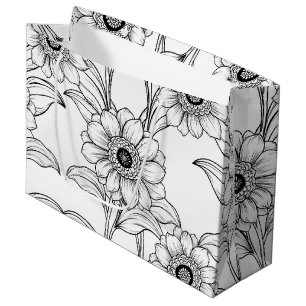 Elegant Black White Floral Line Art Pattern (2) Large Gift Bag