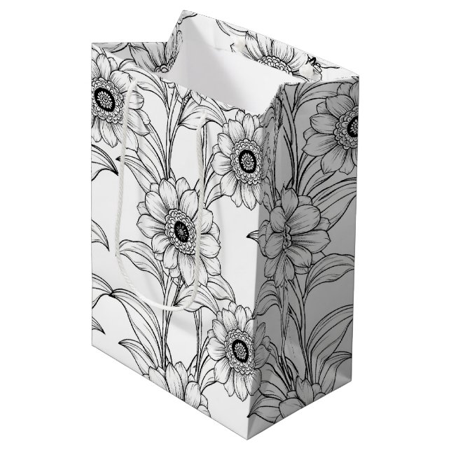Elegant Black White Floral Line Art Pattern (2) Medium Gift Bag (Front Angled)
