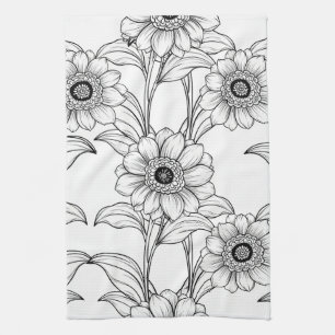 Elegant Black White Floral Line Art Pattern (2) Tea Towel
