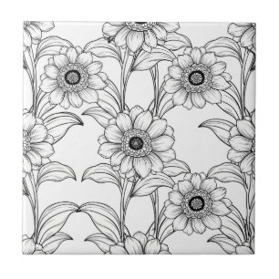 Elegant Black White Floral Line Art Pattern (2) Tile