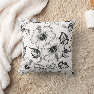Elegant Black White Floral Line Art Pattern (3) Cushion