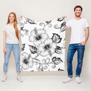 Elegant Black White Floral Line Art Pattern (3) Fleece Blanket