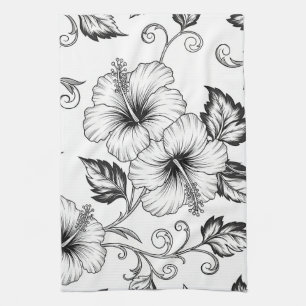 Elegant Black White Floral Line Art Pattern (3) Tea Towel