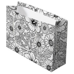 Elegant Black White Floral Line Art Pattern (4) Large Gift Bag