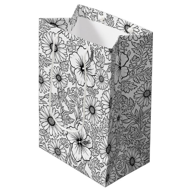 Elegant Black White Floral Line Art Pattern (4) Medium Gift Bag (Front Angled)