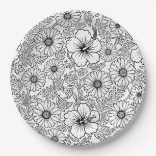 Elegant Black White Floral Line Art Pattern (4) Paper Plate
